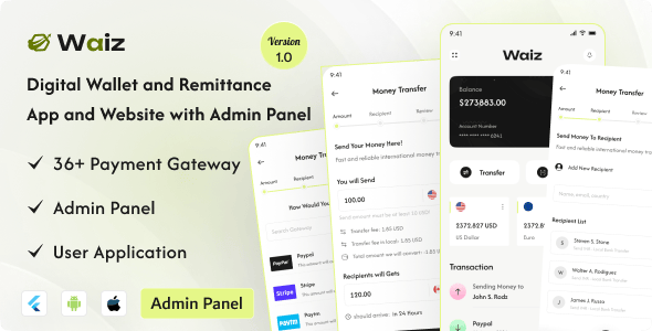 Waiz – Digital Wallet and Remittance App and Website with Admin Panel