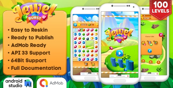 Jewel Burst – Match 3 Game Android Studio Project with AdMob Ads + Ready to Publish