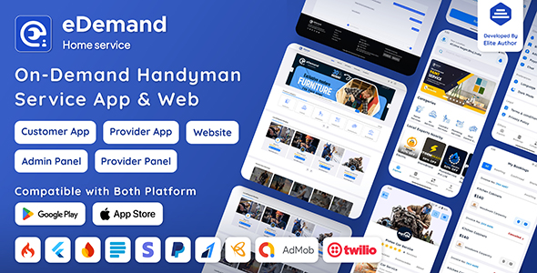 eDemand-Multi Vendor On Demand Handy Services, Handyman with Flutter App | Admin panel | Web Version