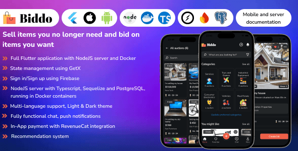 Biddo – Full Flutter auction app, NodeJS server with Docker (with chat)